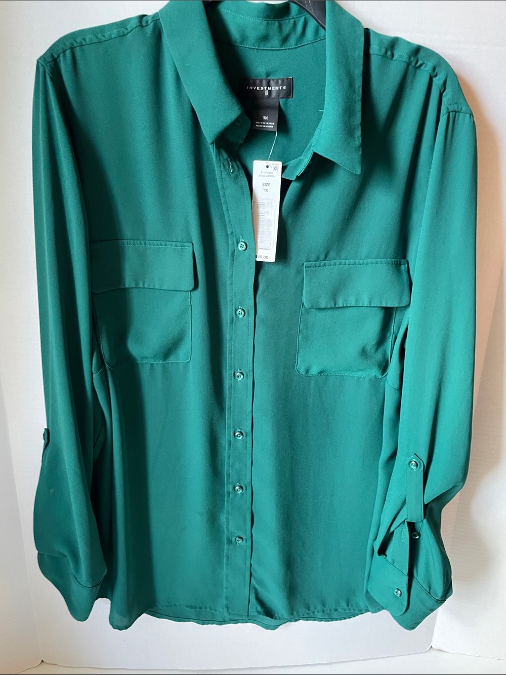 Investments Emerald Green Women's Size 1X Button-Down Top NWT